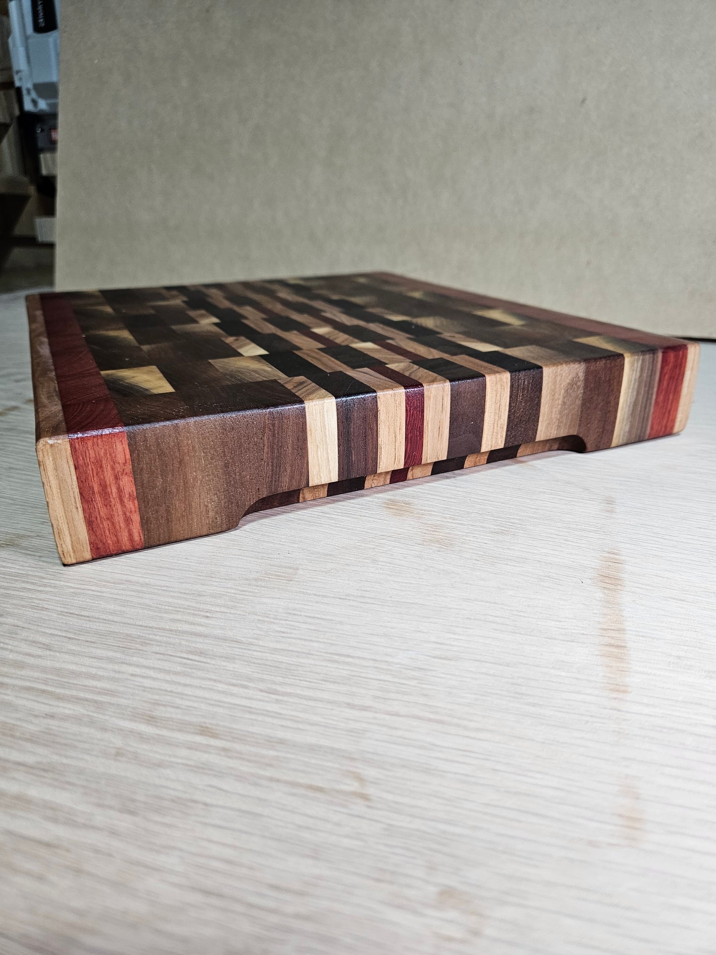 End Grain Mixed Hardwood Cutting Board – 12¾" x 11¼" x 1¾" Butcher Block | Black Walnut, Jarrah & Padauk with Finger Grooves + Free Board Butter