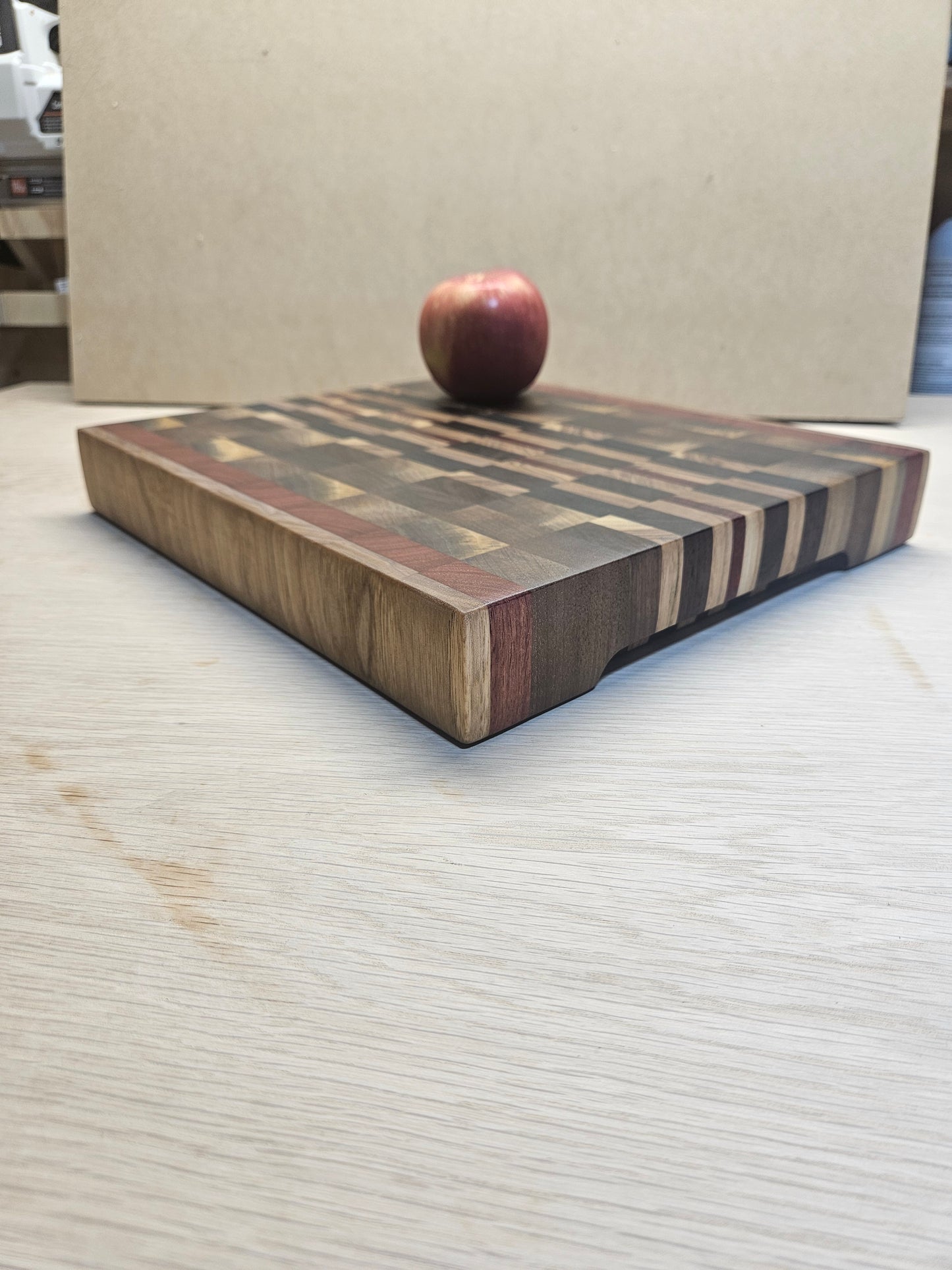 End Grain Mixed Hardwood Cutting Board – 12¾" x 11¼" x 1¾" Butcher Block | Black Walnut, Jarrah & Padauk with Finger Grooves + Free Board Butter