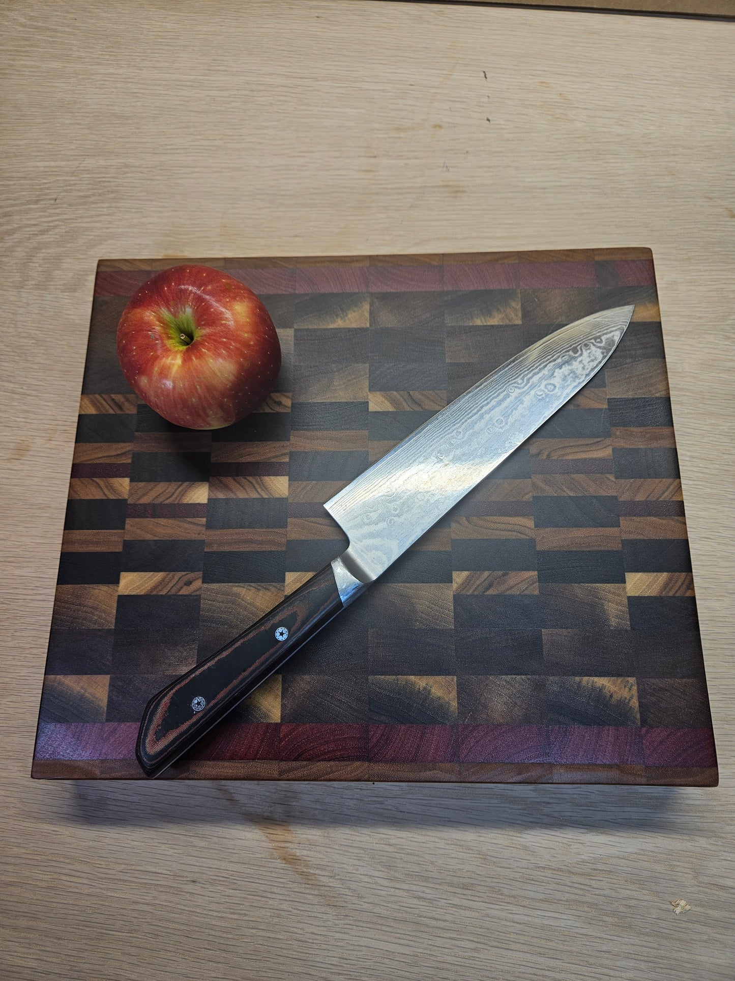 End Grain Mixed Hardwood Cutting Board – 12¾" x 11¼" x 1¾" Butcher Block | Black Walnut, Jarrah & Padauk with Finger Grooves + Free Board Butter