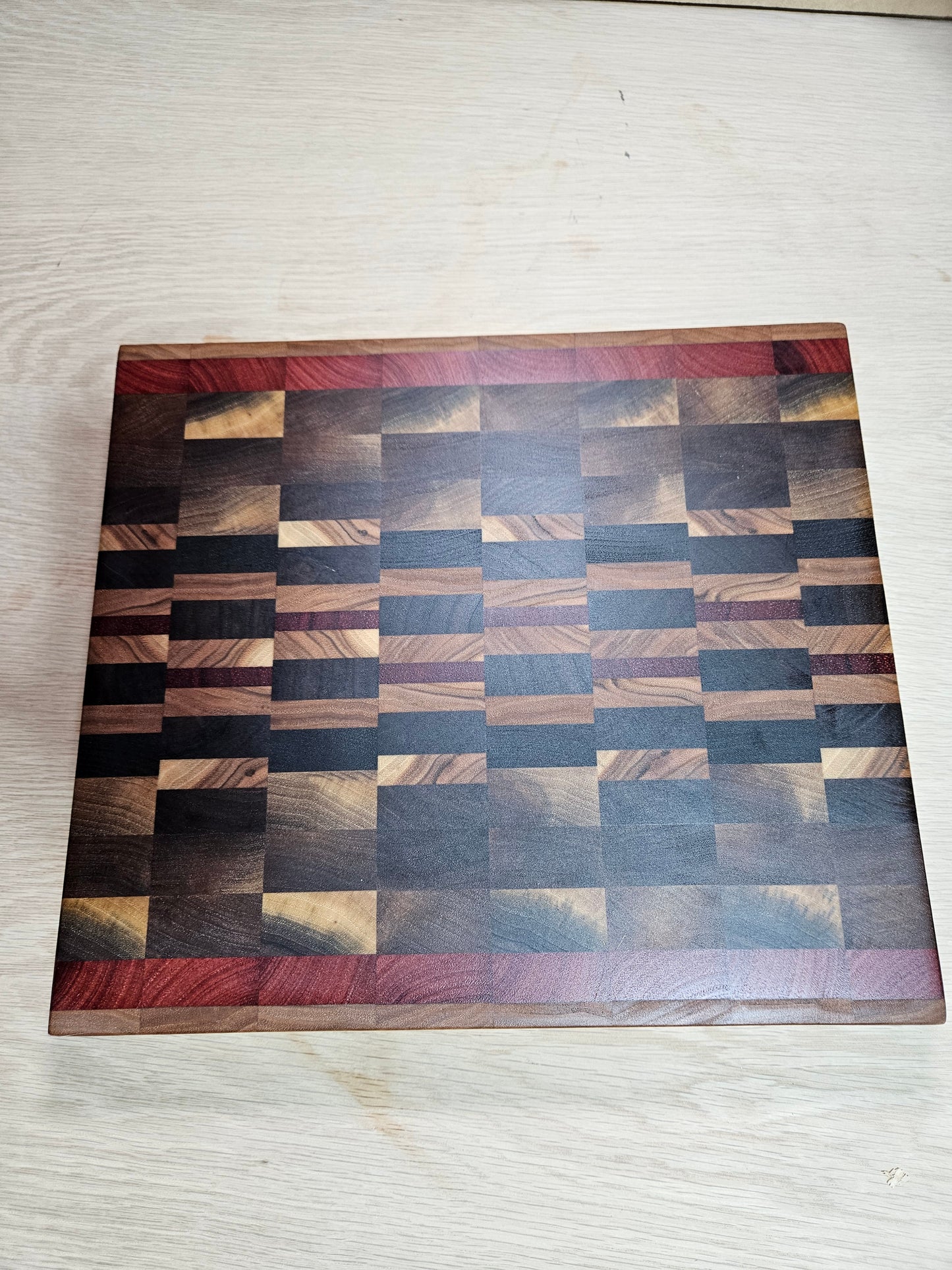 End Grain Mixed Hardwood Cutting Board – 12¾" x 11¼" x 1¾" Butcher Block | Black Walnut, Jarrah & Padauk with Finger Grooves + Free Board Butter