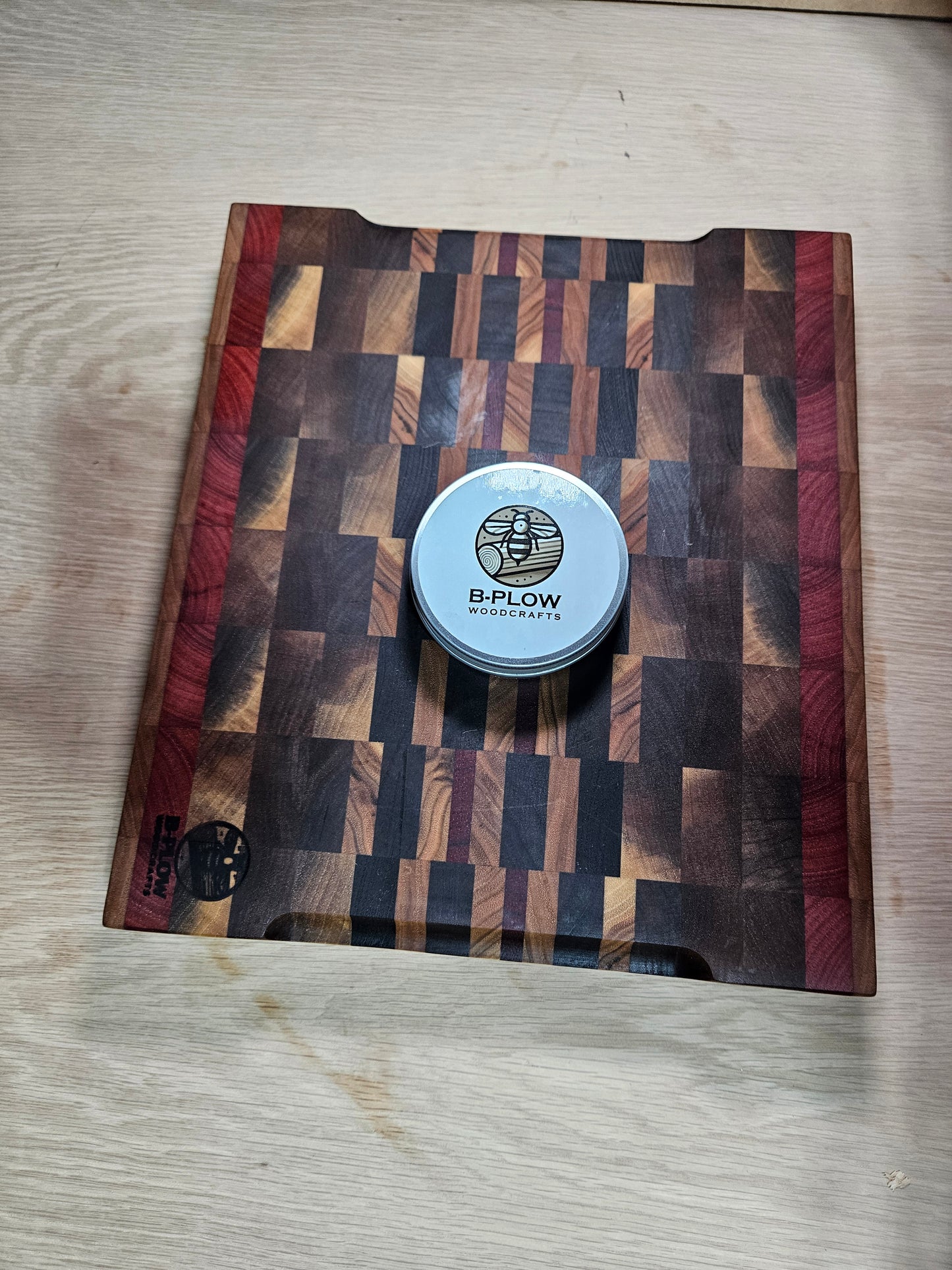 End Grain Mixed Hardwood Cutting Board – 12¾" x 11¼" x 1¾" Butcher Block | Black Walnut, Jarrah & Padauk with Finger Grooves + Free Board Butter